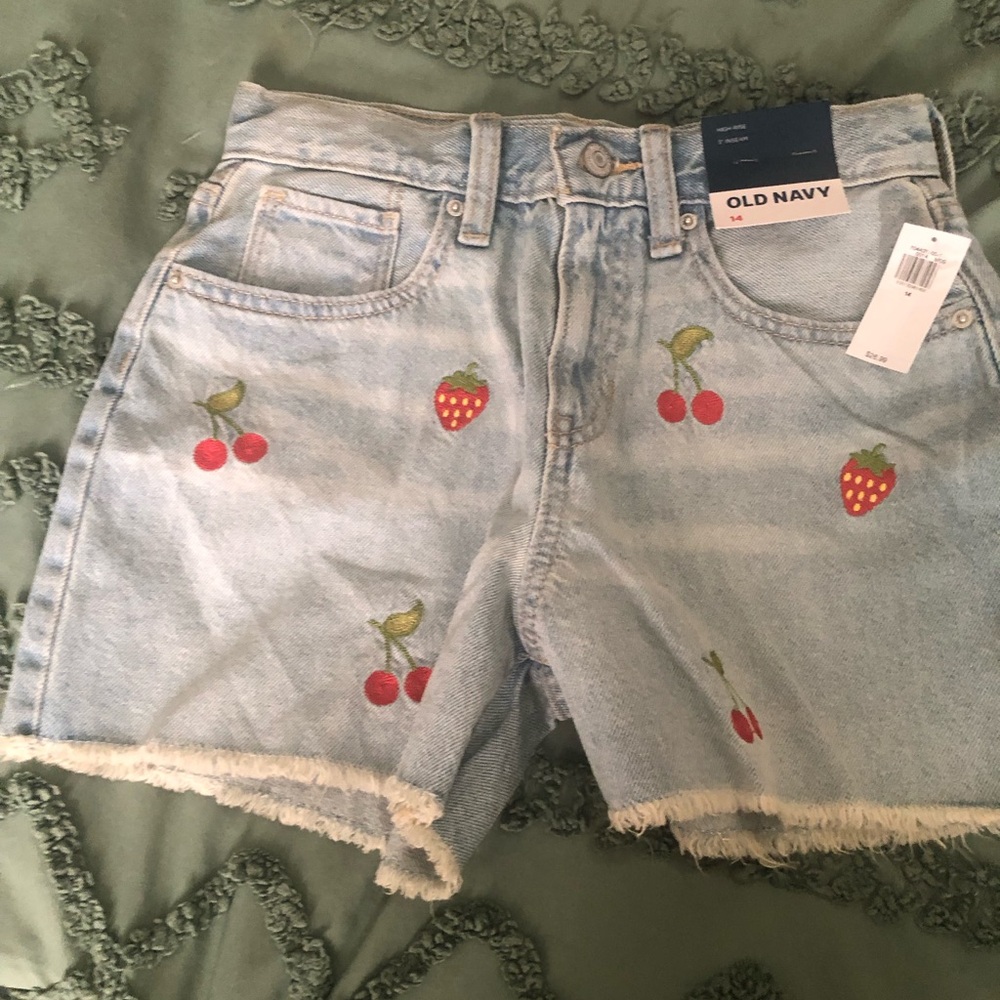 Old Navy kids size 14 Light Blue Jean Shorts with Fruit Embroidery